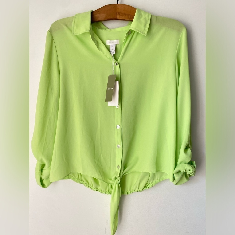 Chico’s Top Women’s 1 Lime Green Tie-Front Tessa Blouse